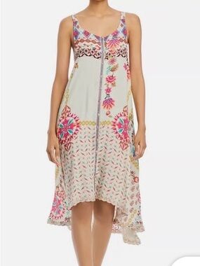 Johnny Was Sleeveless Floral Embroidered High-Low Dress in Cream, Pink, Blue